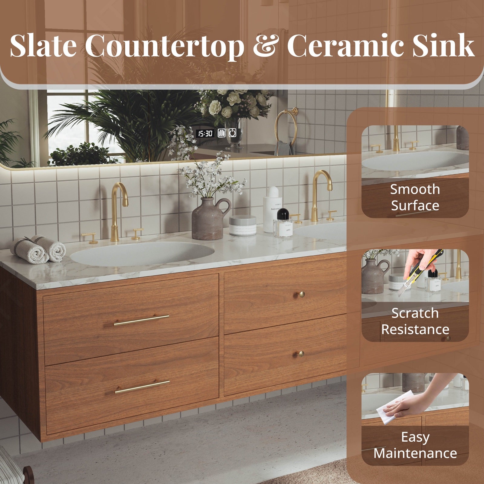 Elegant Bath Vanity Set, Brown, Gold Accents, 52"-78", Double, Floating, Sectional Storage, Smart LED Mirror