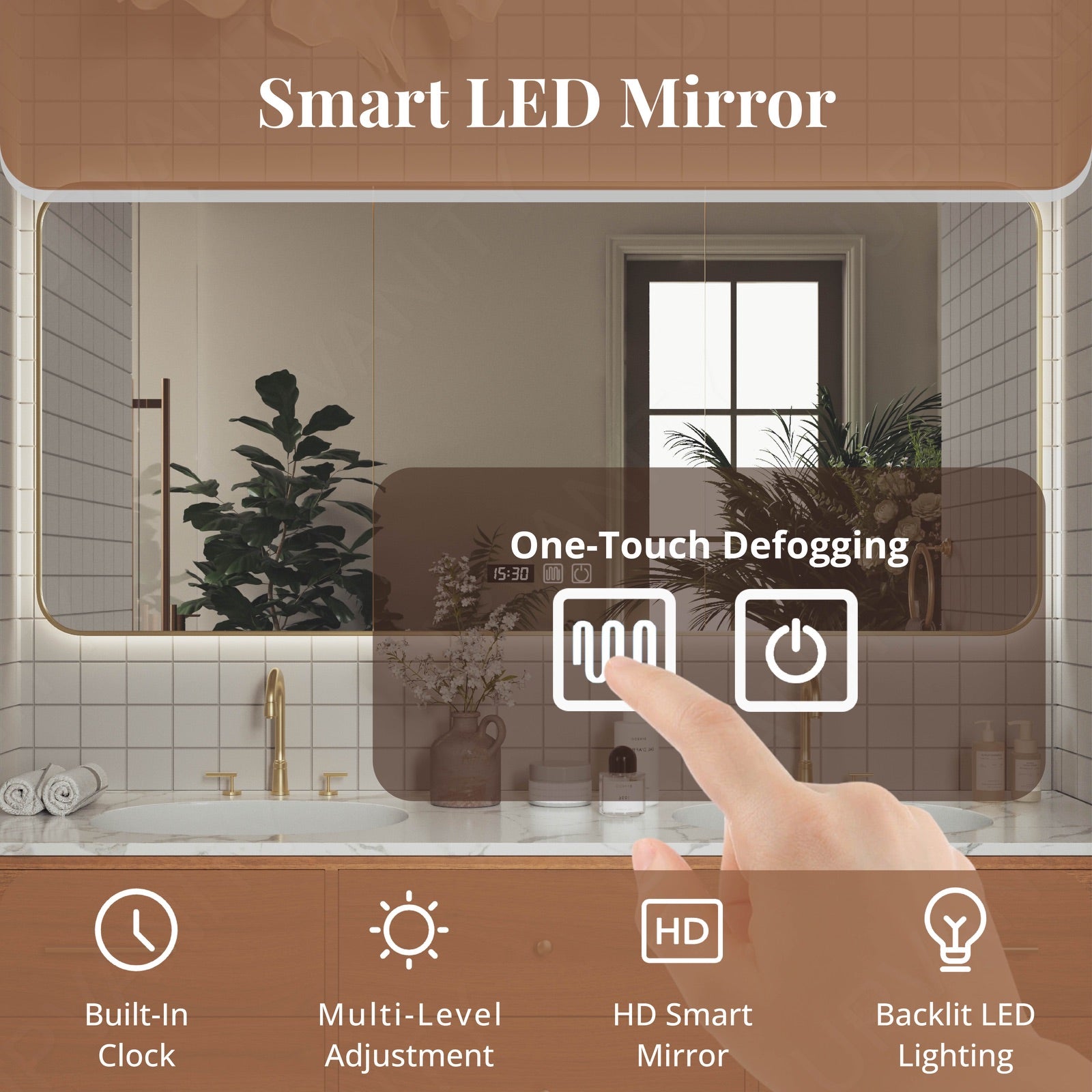 Elegant Bath Vanity Set, Brown, Gold Accents, 52"-78", Double, Floating, Sectional Storage, Smart LED Mirror