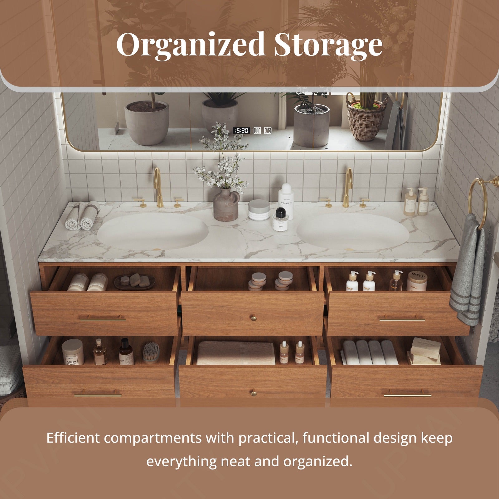 Elegant Bath Vanity Set, Brown, Gold Accents, 52"-78", Double, Floating, Sectional Storage, Smart LED Mirror