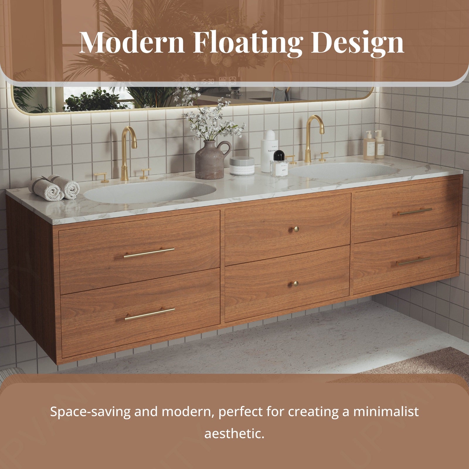 Elegant Bath Vanity Set, Brown, Gold Accents, 52"-78", Double, Floating, Sectional Storage, Smart LED Mirror