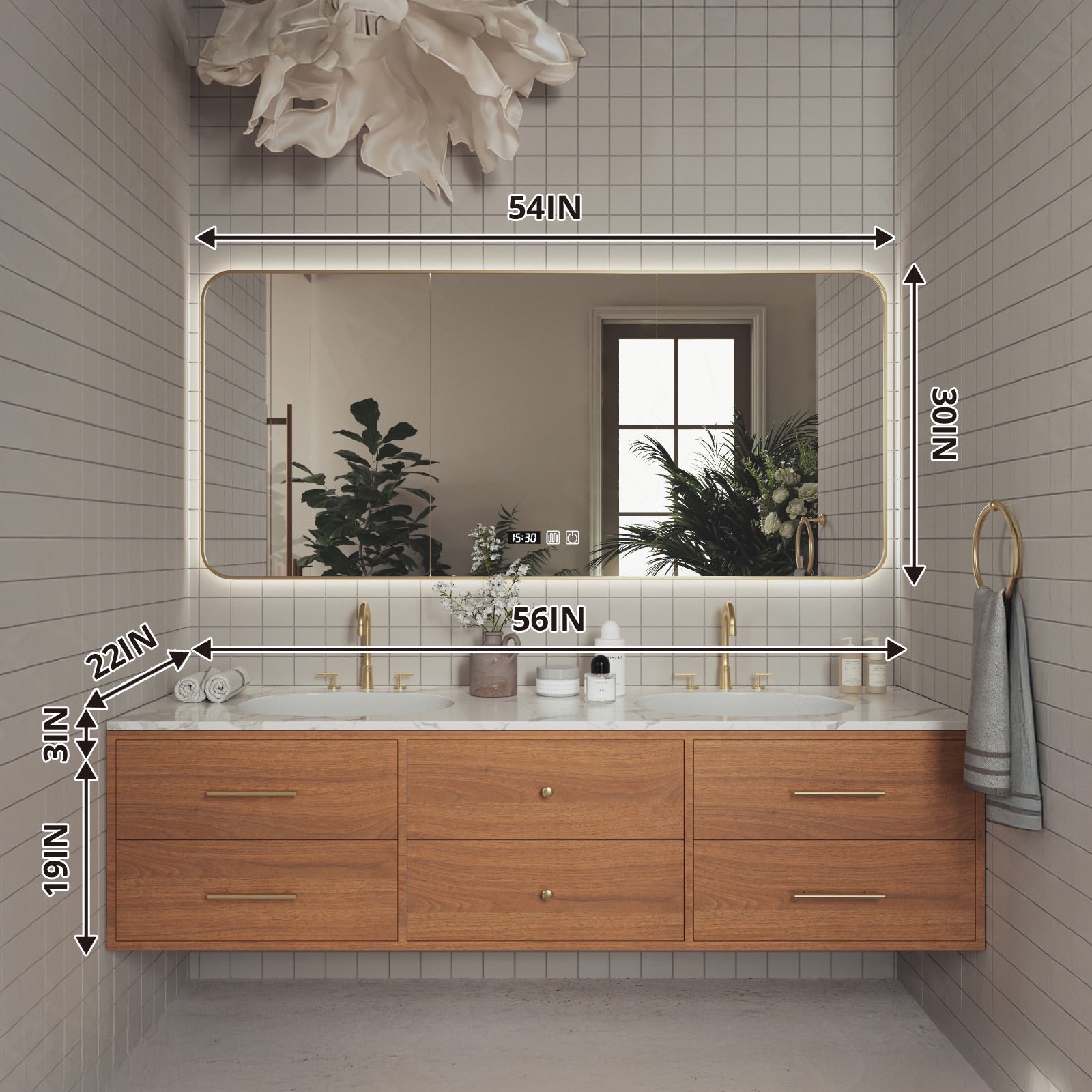 Elegant Bath Vanity Set, Brown, Gold Accents, 52"-78", Double, Floating, Sectional Storage, Smart LED Mirror