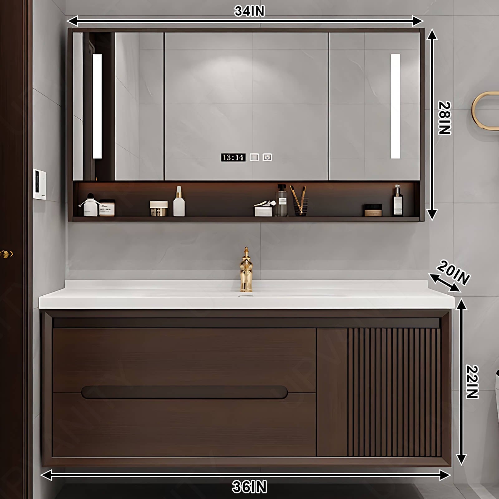 Elegant Bath Vanity Set, Brown, Natural Walnut, 36"- 64", Single, Floating, Striped Panel, Smart LED Mirror