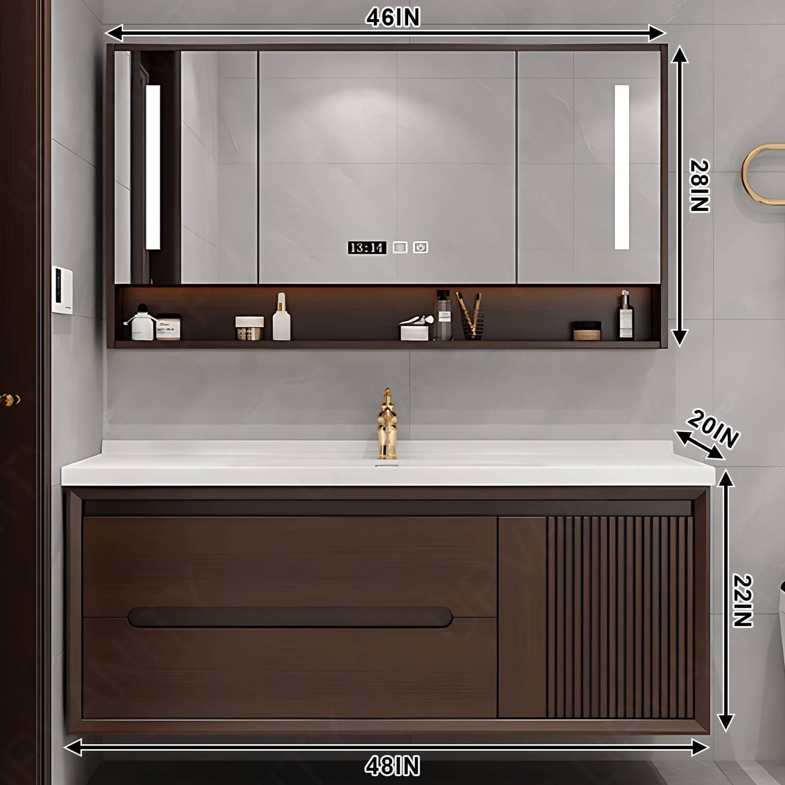 Elegant Bath Vanity Set, Brown, Natural Walnut, 36"- 64", Single, Floating, Striped Panel, Smart LED Mirror