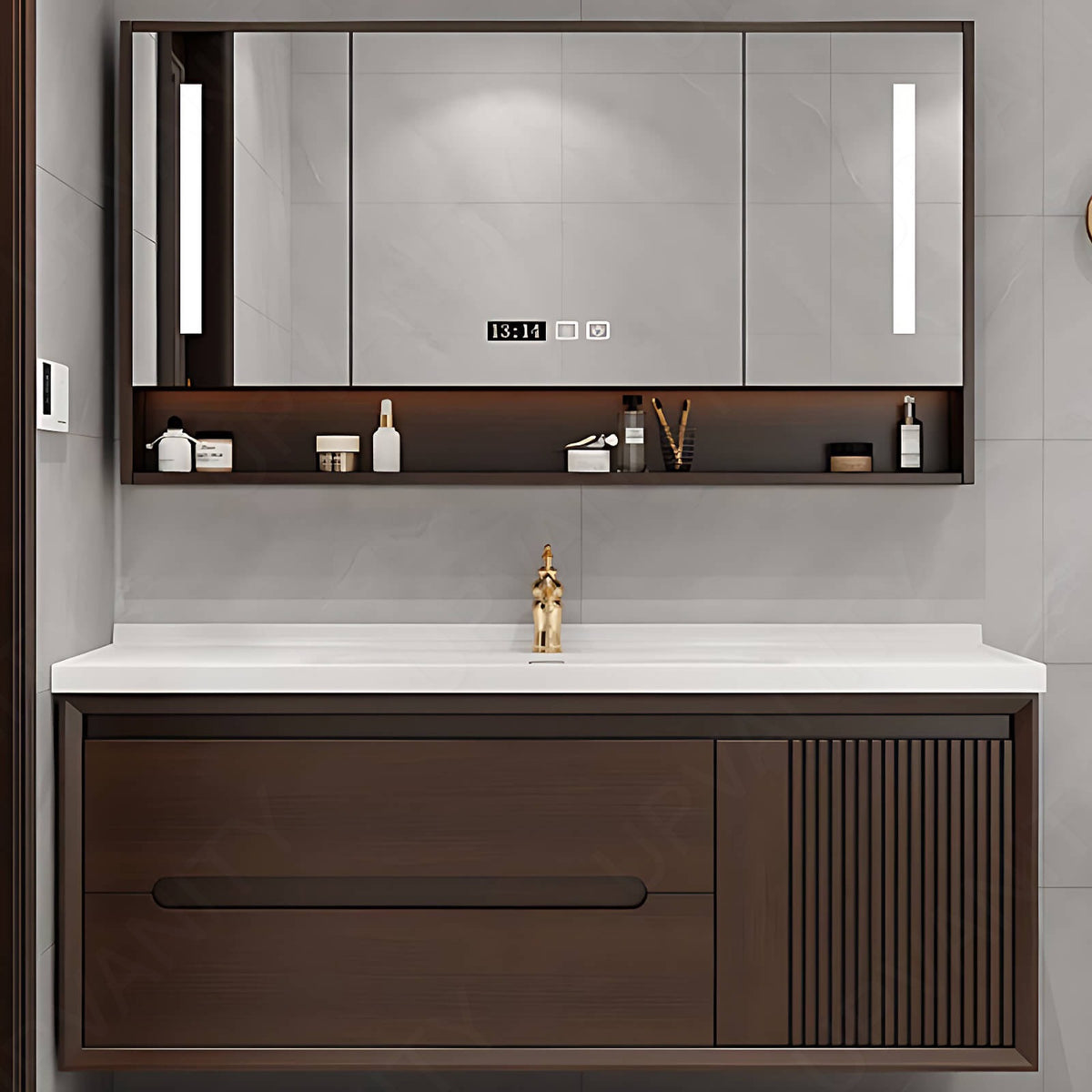 Elegant Bath Vanity Set, Brown, Natural Walnut, 36"- 64", Single, Floating, Striped Panel, Smart LED Mirror