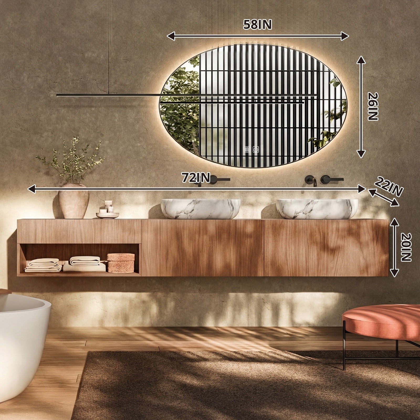 Elegant Bath Vanity Set, Brown, Open Storage, 56"- 78", Double Vessel Sink, Floating, Oval Smart LED Mirror