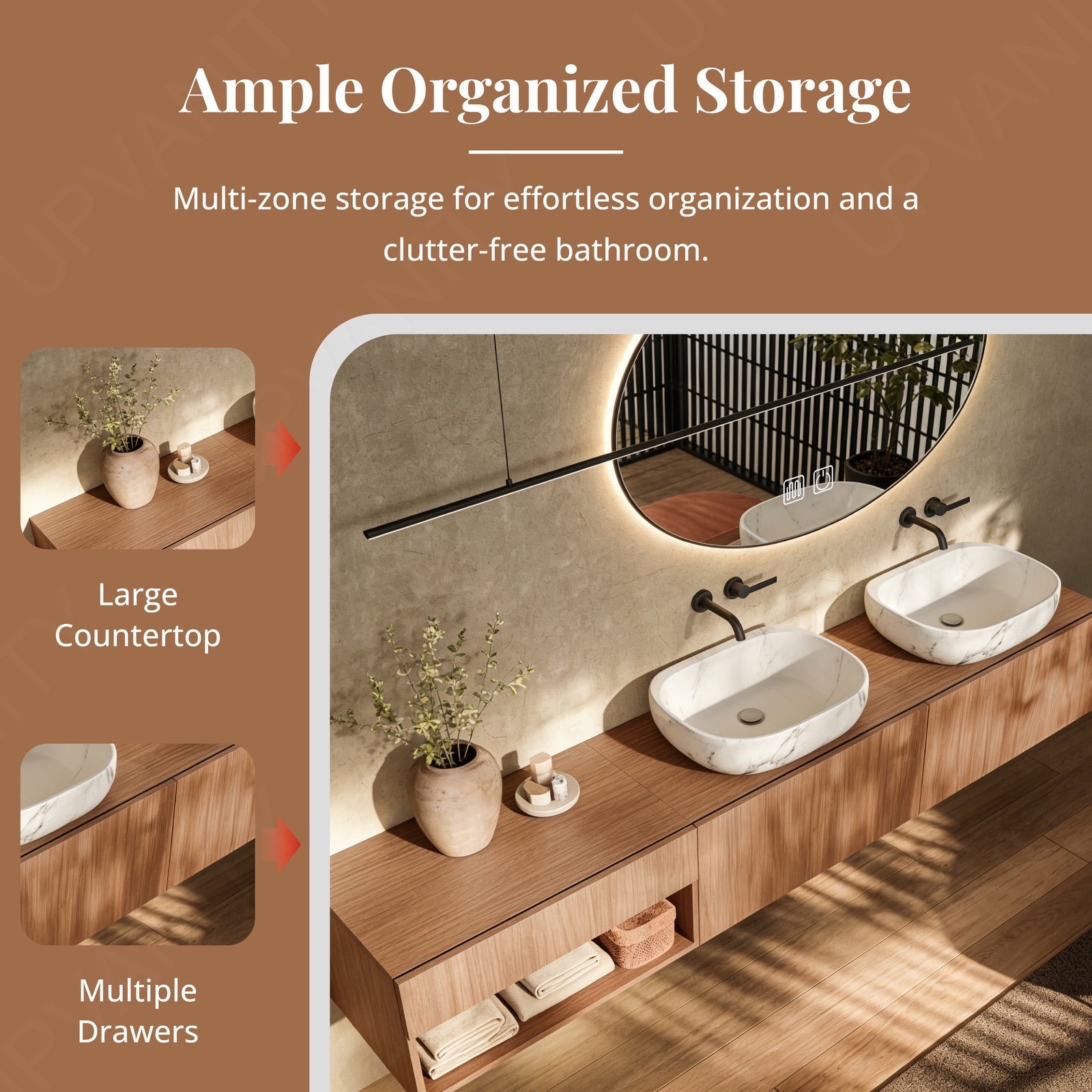 Split Vanity Modern Bath Vanity Set, Brown, Split White Top, 56