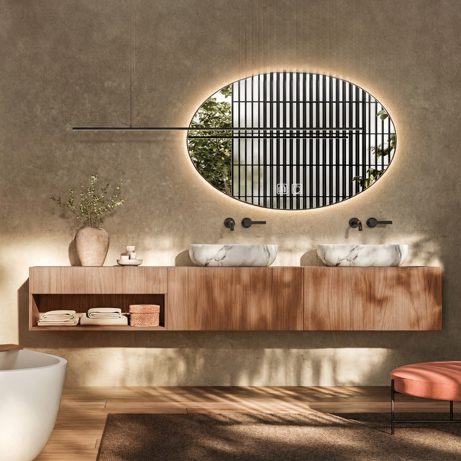 Elegant Bath Vanity Set, Brown, Open Storage, 56"- 78", Double Vessel Sink, Floating, Oval Smart LED Mirror