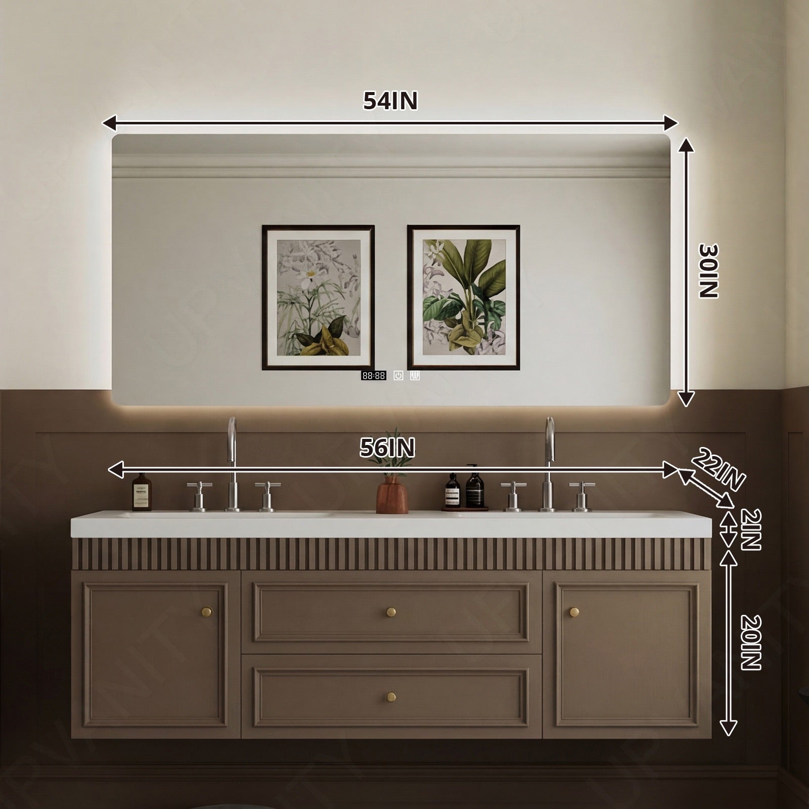 Elegant Bath Vanity Set, Brown, Slate White Top, Fluted Panel, 52"-78", Double, Floating, Smart LED Mirror