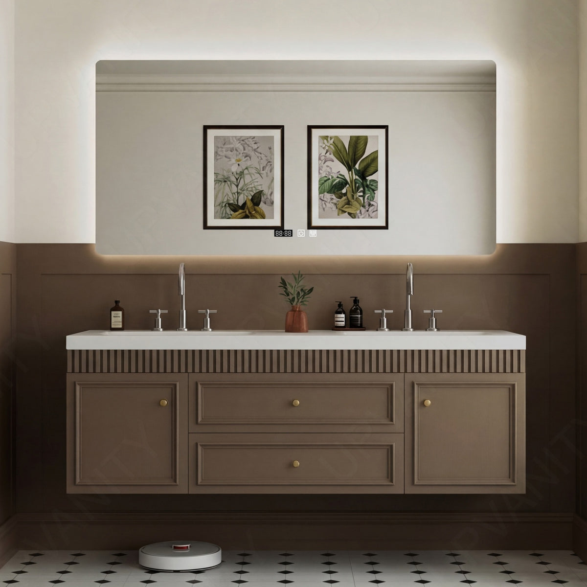 Elegant Bath Vanity Set, Brown, Slate White Top, Fluted Panel, 52"-78", Double, Floating, Smart LED Mirror