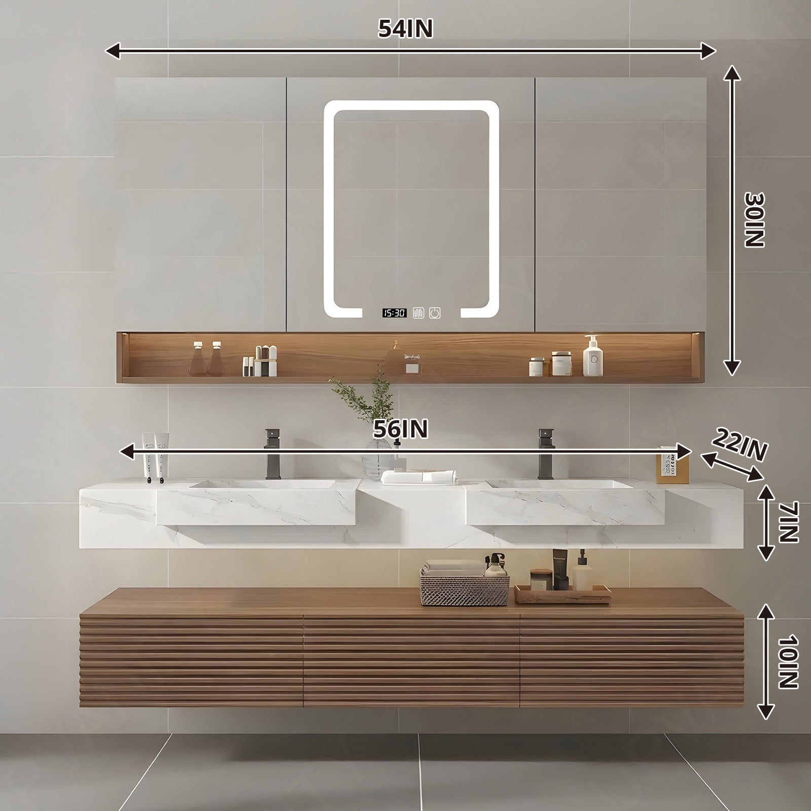 Elegant Bath Vanity Set, Brown, Split White Top, 32"-68", Single/Double, Floating, Open Storage, Smart LED Mirror, Rear Cabinet