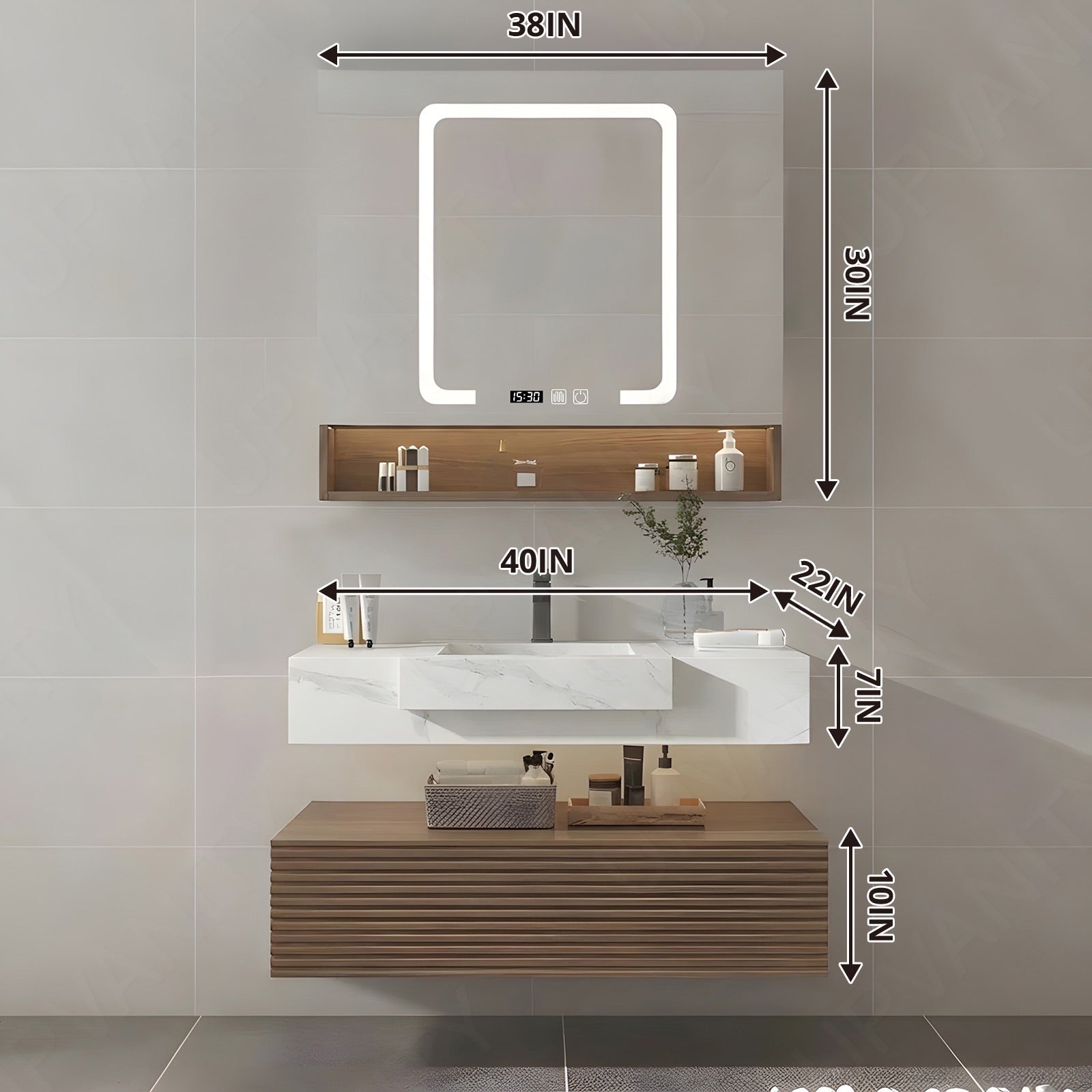 Elegant Bath Vanity Set, Brown, Split White Top, 32"-68", Single/Double, Floating, Open Storage, Smart LED Mirror, Rear Cabinet