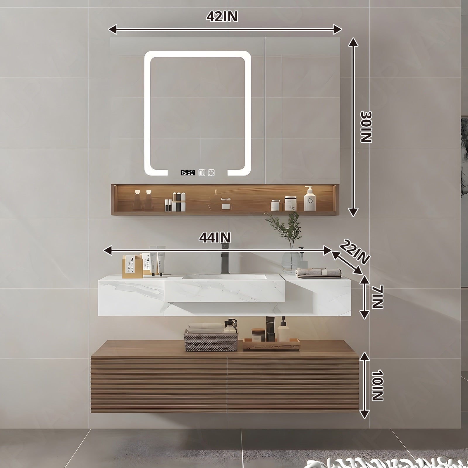 Elegant Bath Vanity Set, Brown, Split White Top, 32"-68", Single/Double, Floating, Open Storage, Smart LED Mirror, Rear Cabinet