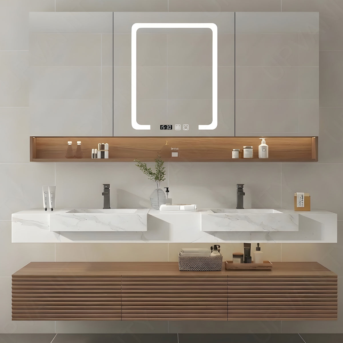 Elegant Bath Vanity Set, Brown, Split White Top, 32"-68", Single/Double, Floating, Open Storage, Smart LED Mirror, Rear Cabinet