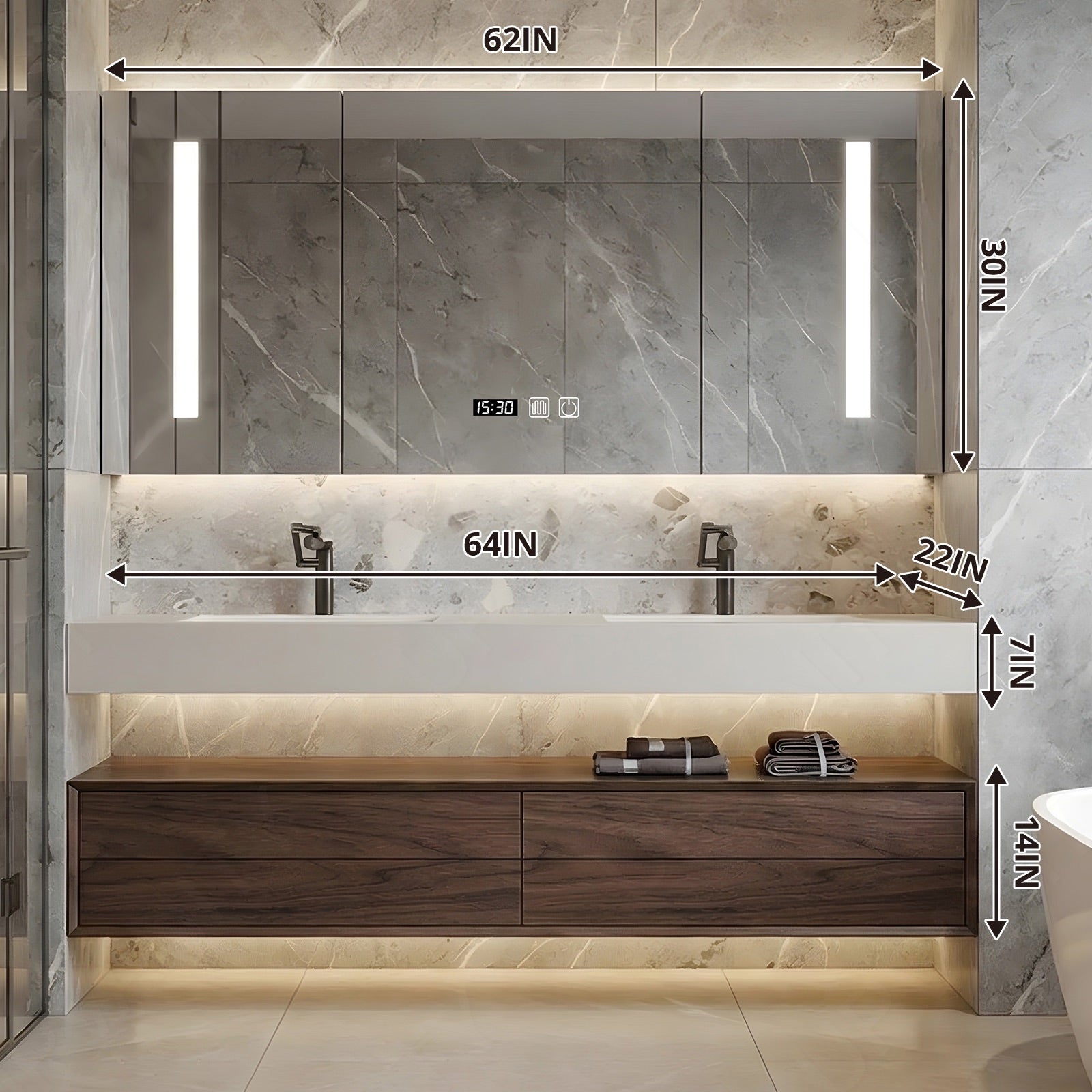 Elegant Bath Vanity Set, Brown, Split White Top, 52"- 78", Double, Floating, Smart LED Mirror, Rear Cabinet