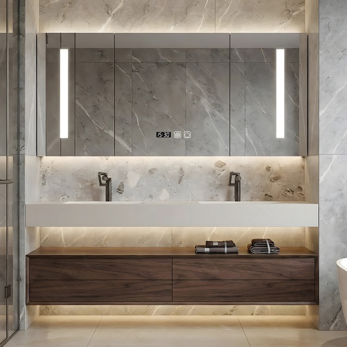 Elegant Bath Vanity Set, Brown, Split White Top, 52"- 78", Double, Floating, Smart LED Mirror, Rear Cabinet