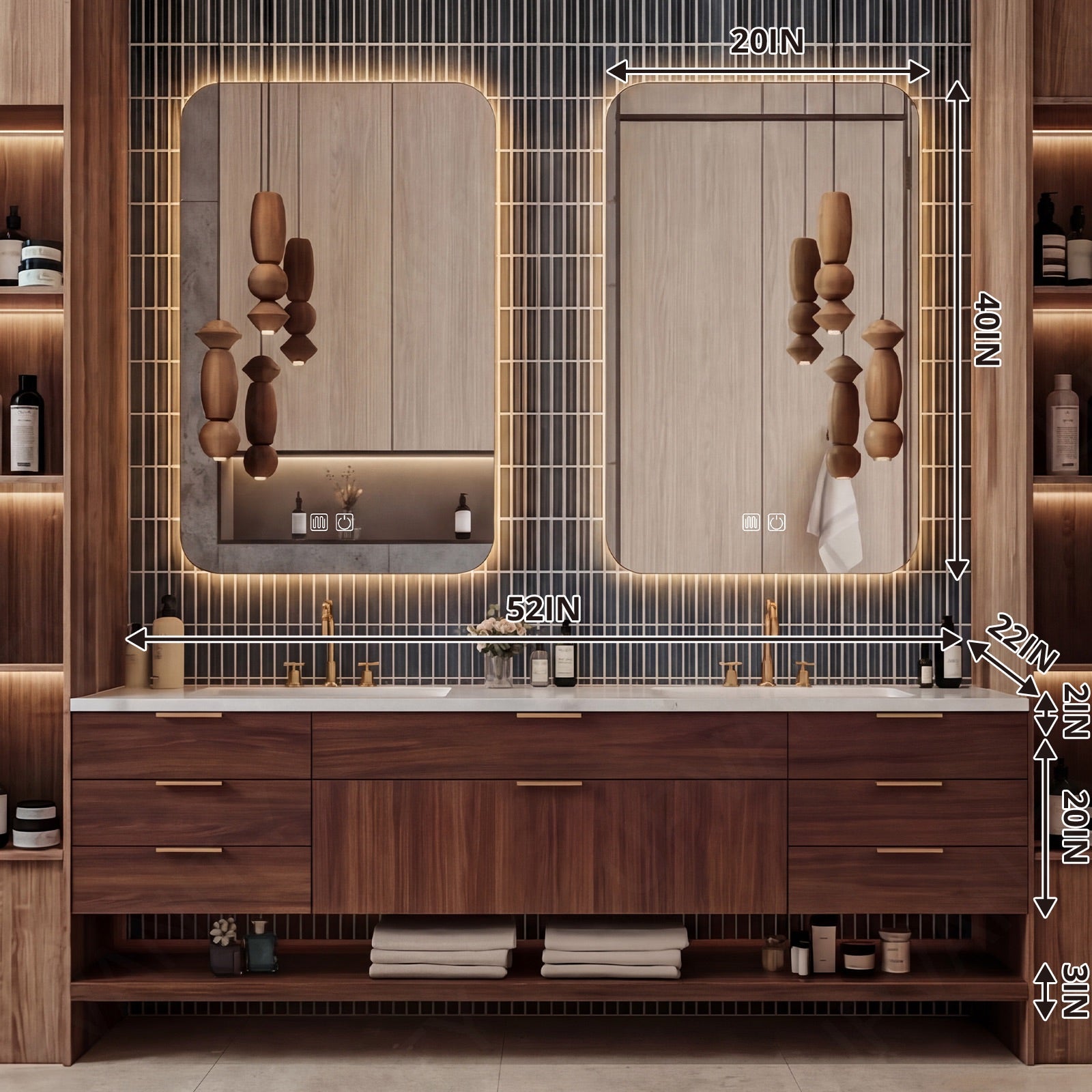 Elegant Bath Vanity Set, Brown, Warm Walnut, White Slate Top, 52"-78", Double, Floating, Gold Accents, Dual Smart LED Mirror