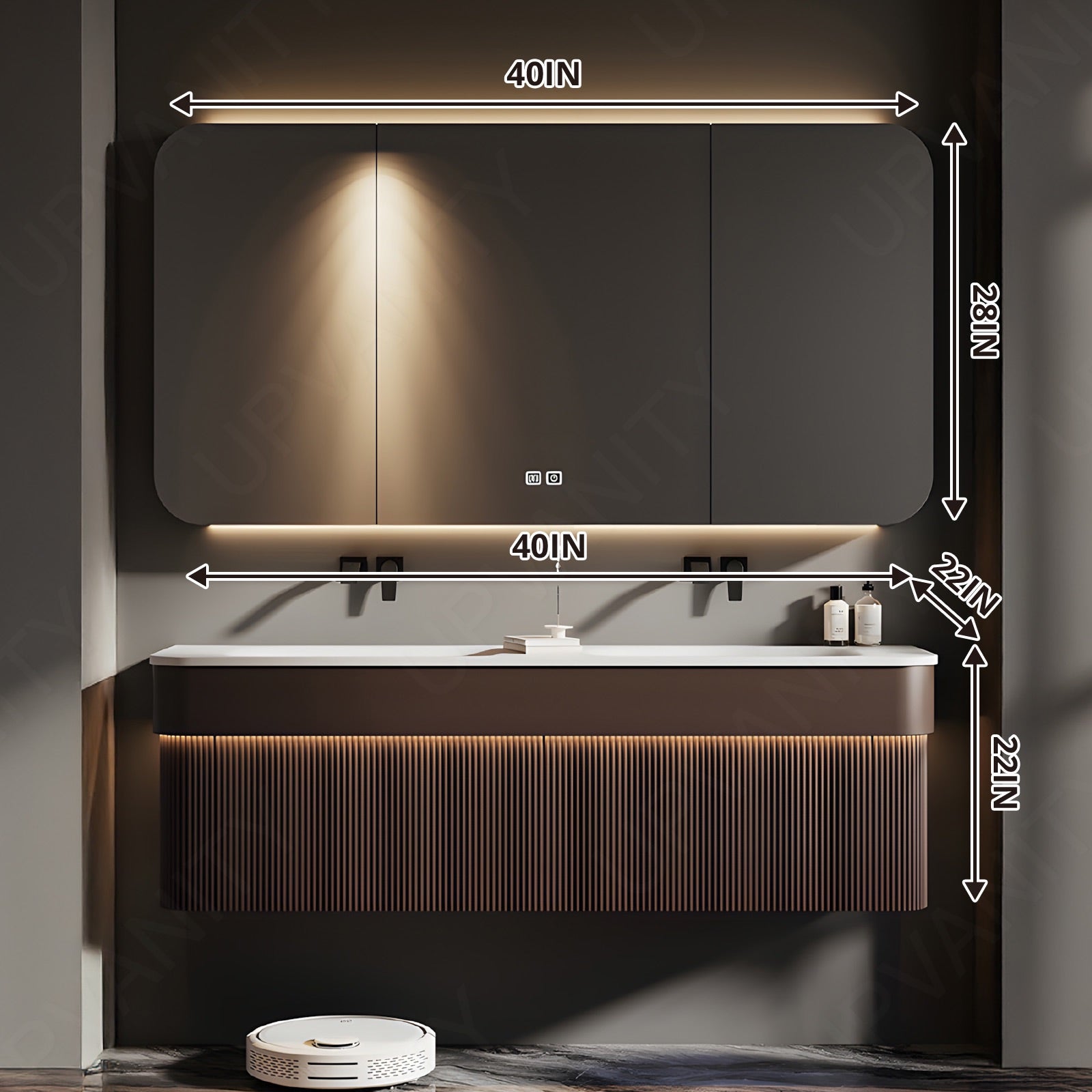 Elegant Bath Vanity Set, Brown, White Slate Top, 40"-64", Double, Floating, Striped Panel, Sensor Light, Smart LED Mirror, Rear Cabinet
