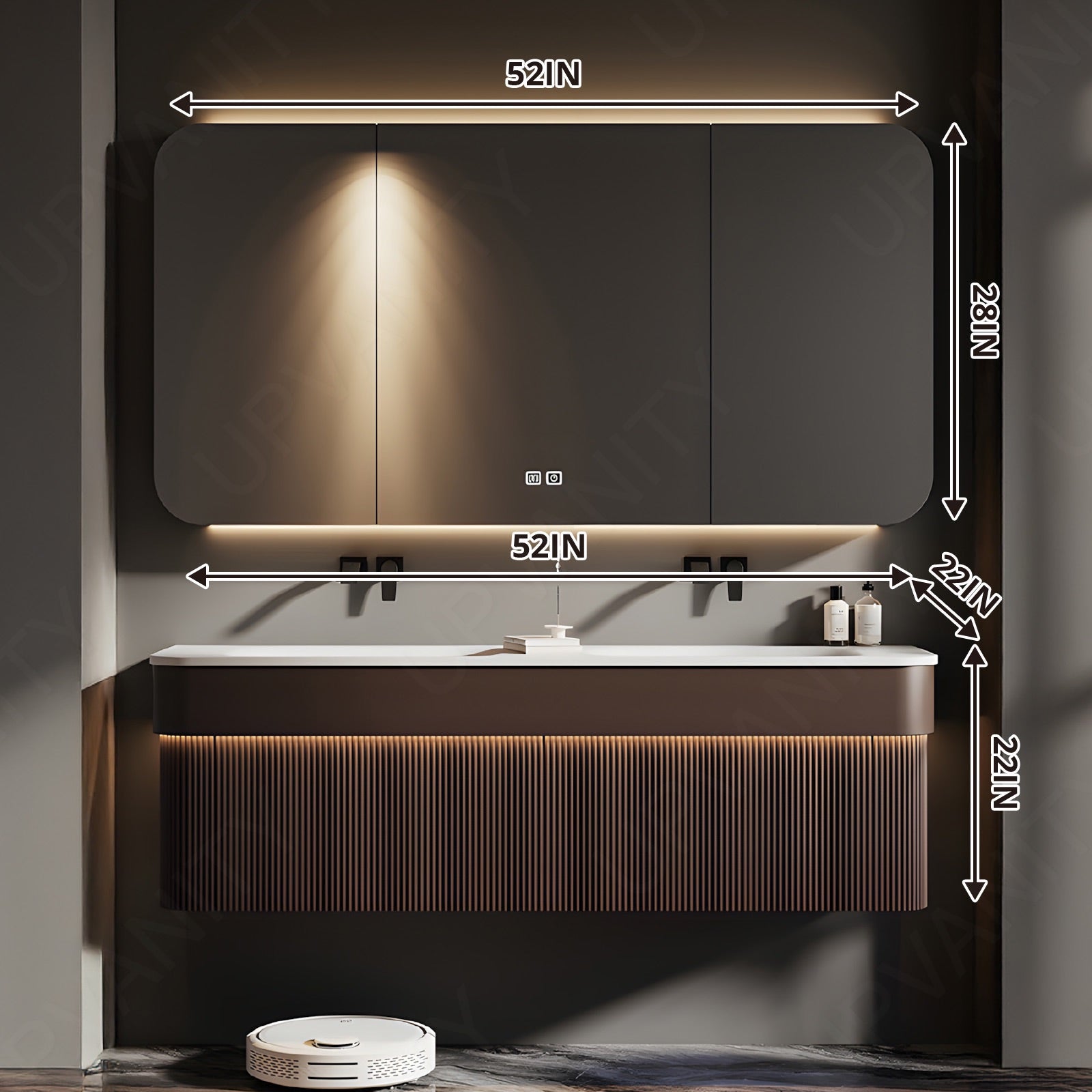 Elegant Bath Vanity Set, Brown, White Slate Top, 40"-64", Double, Floating, Striped Panel, Sensor Light, Smart LED Mirror, Rear Cabinet