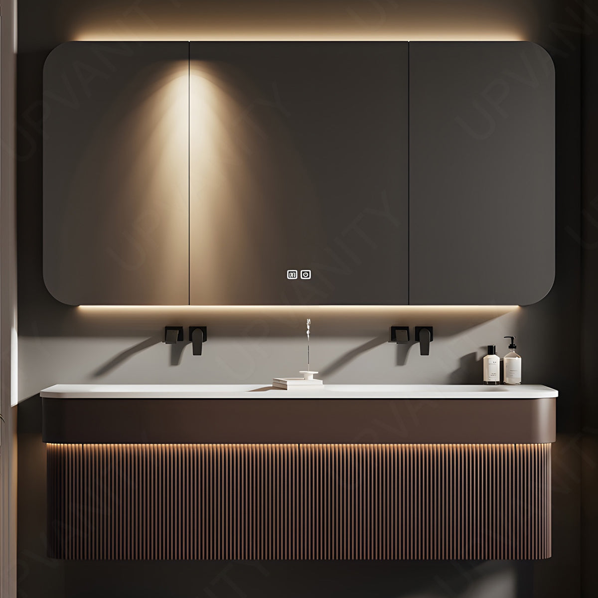 Elegant Bath Vanity Set, Brown, White Slate Top, 40"-64", Double, Floating, Striped Panel, Sensor Light, Smart LED Mirror, Rear Cabinet