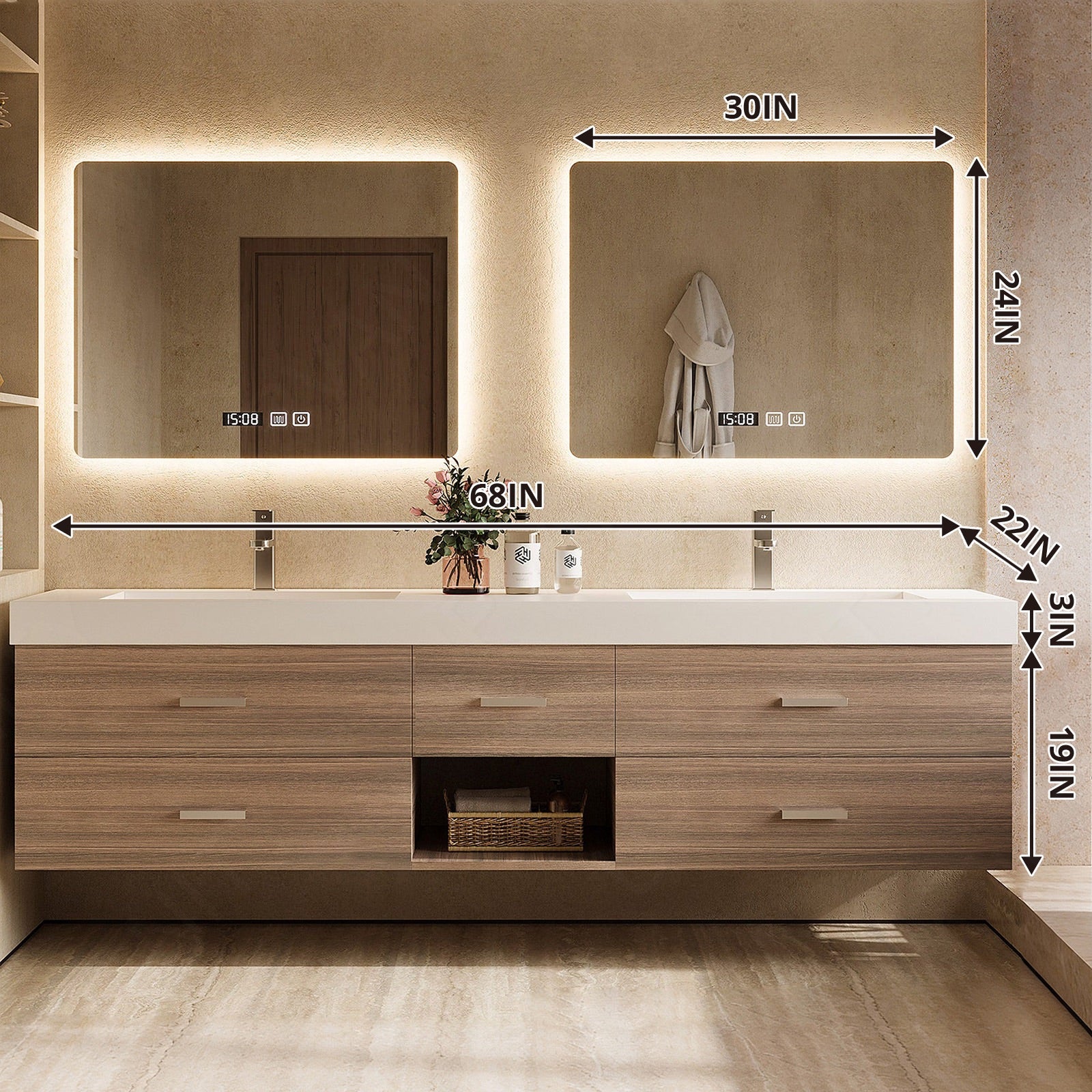 Elegant Bath Vanity Set, Brown, White Slate Top, 56"- 78", Double, Floating, Open Storage, Dual Smart LED Mirror