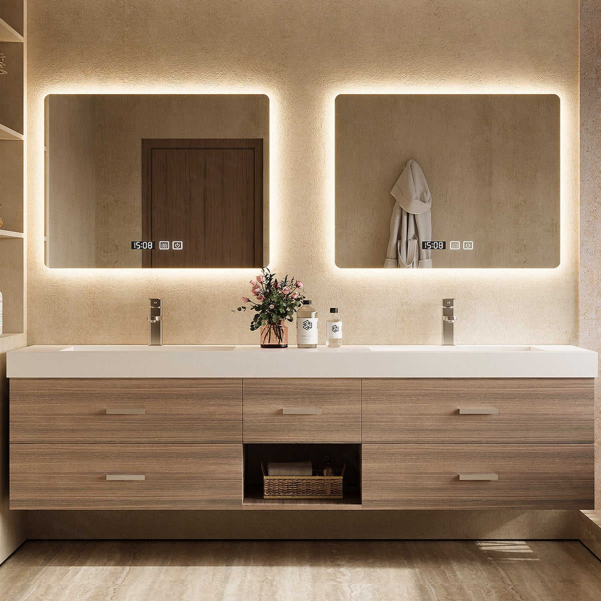 Elegant Bath Vanity Set, Brown, White Slate Top, 56"- 78", Double, Floating, Open Storage, Dual Smart LED Mirror