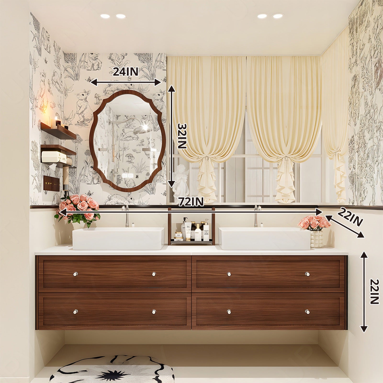 Elegant Bath Vanity Set, Brown, White Slate Top, 56"-78", Double Vessel Sink, Floating, Smart LED Mirror