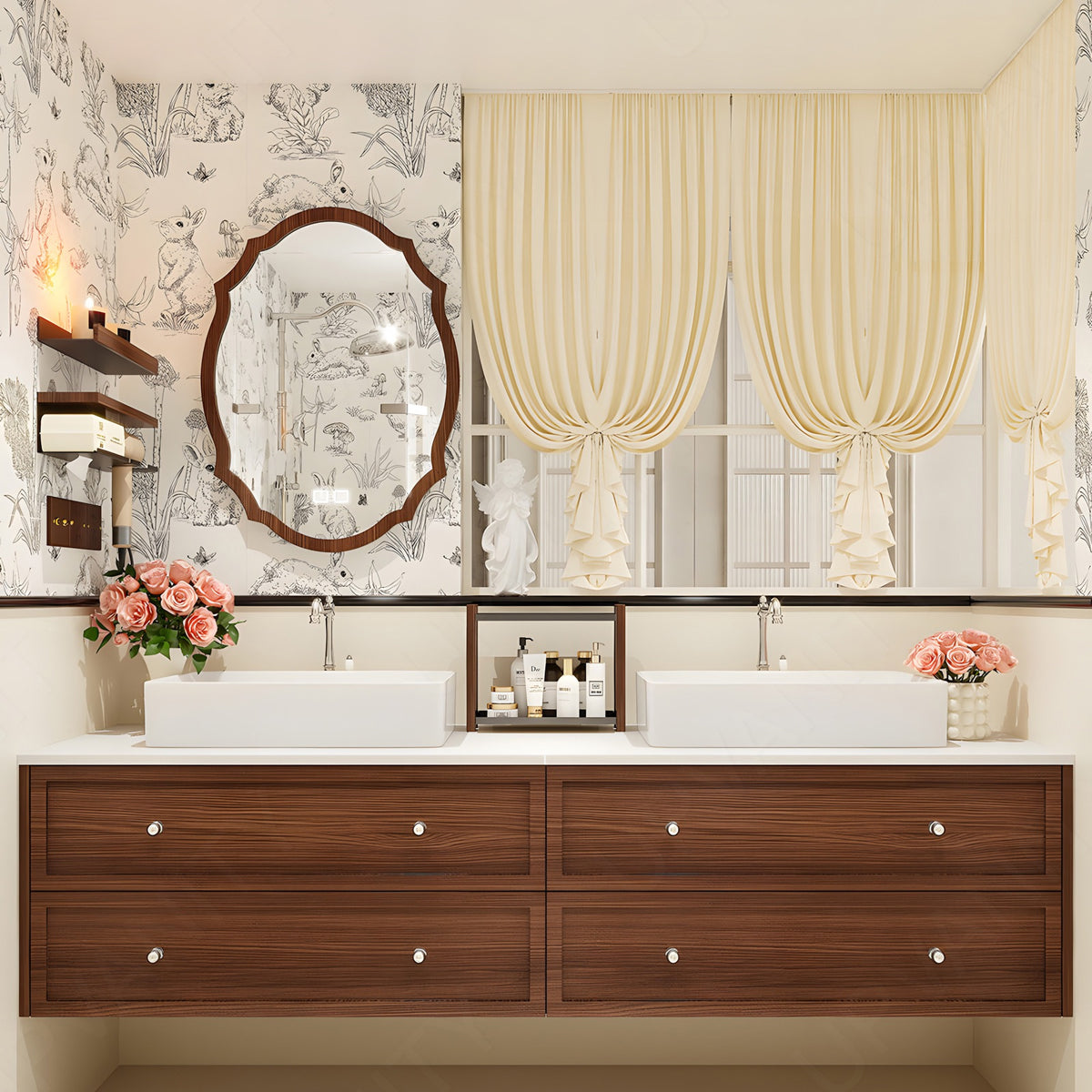 Elegant Bath Vanity Set, Brown, White Slate Top, 56"-78", Double Vessel Sink, Floating, Smart LED Mirror