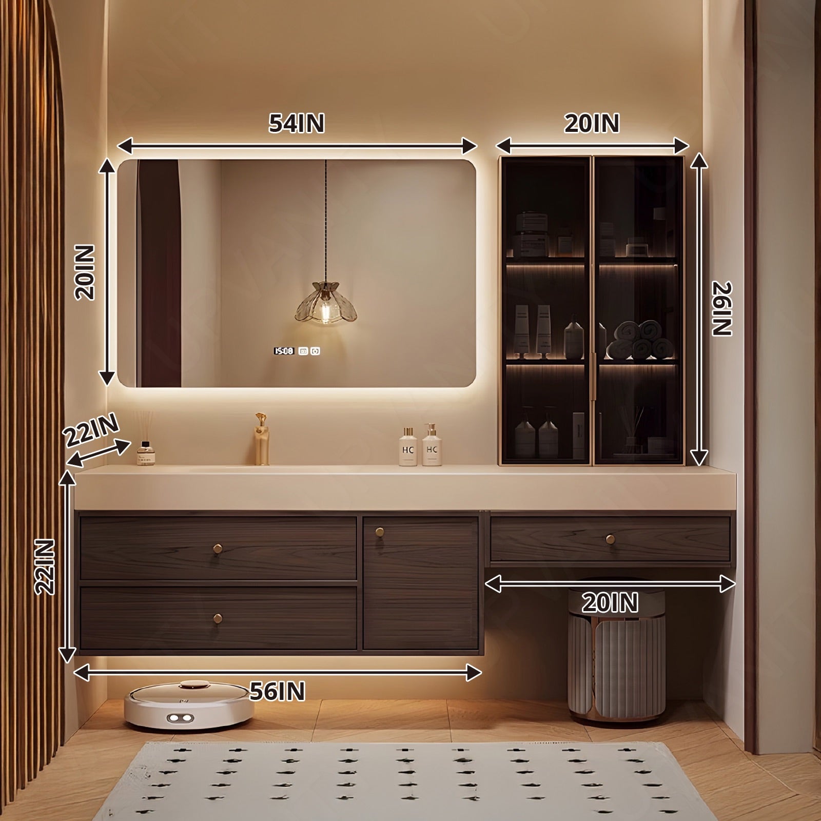 Elegant Bath Vanity Set, Brown, White Slate Top, 44"-76", Single, Floating, Gold Accents, Smart LED Mirror, Side Cabinet