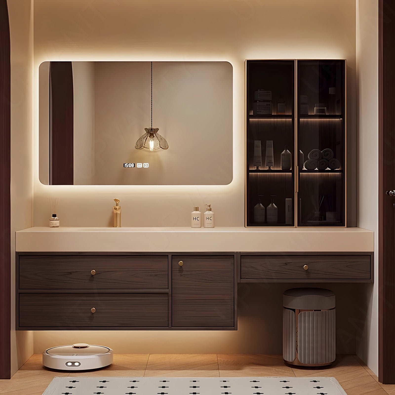 Elegant Bath Vanity Set, Brown, White Slate Top, 44"-76", Single, Floating, Gold Accents, Smart LED Mirror, Side Cabinet