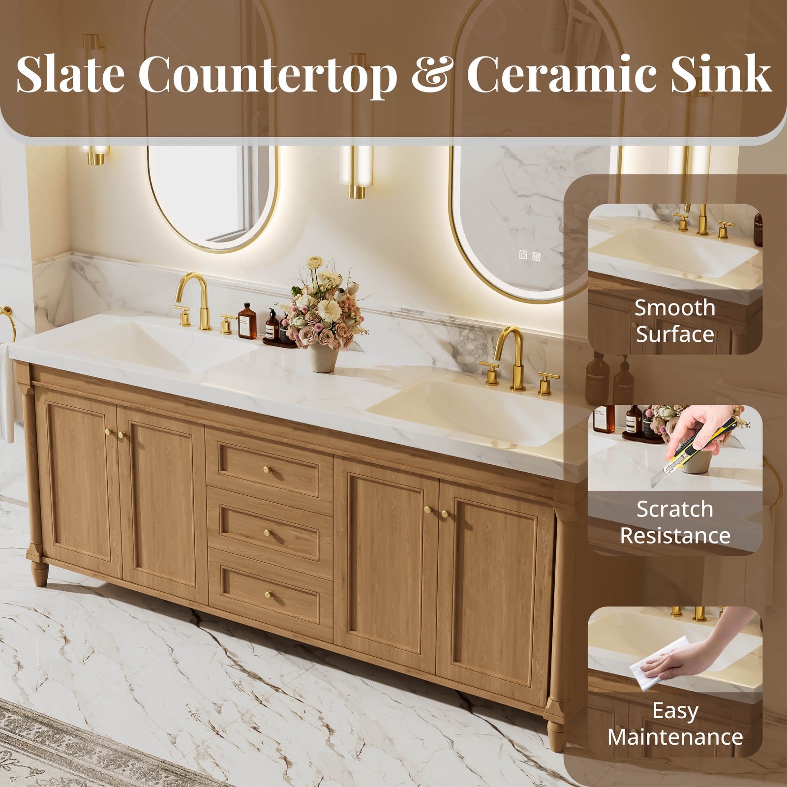 Elegant Bath Vanity Set, Brown, White Slate Top, 72"-104", Double, Freestanding, Gold Accents, Dual Smart LED Mirror