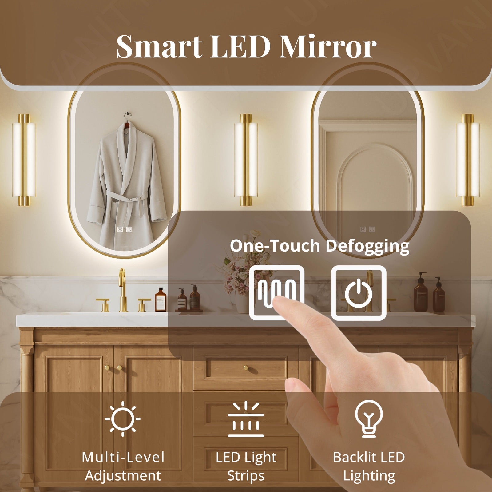 Elegant Bath Vanity Set, Brown, White Slate Top, 72"-104", Double, Freestanding, Gold Accents, Dual Smart LED Mirror