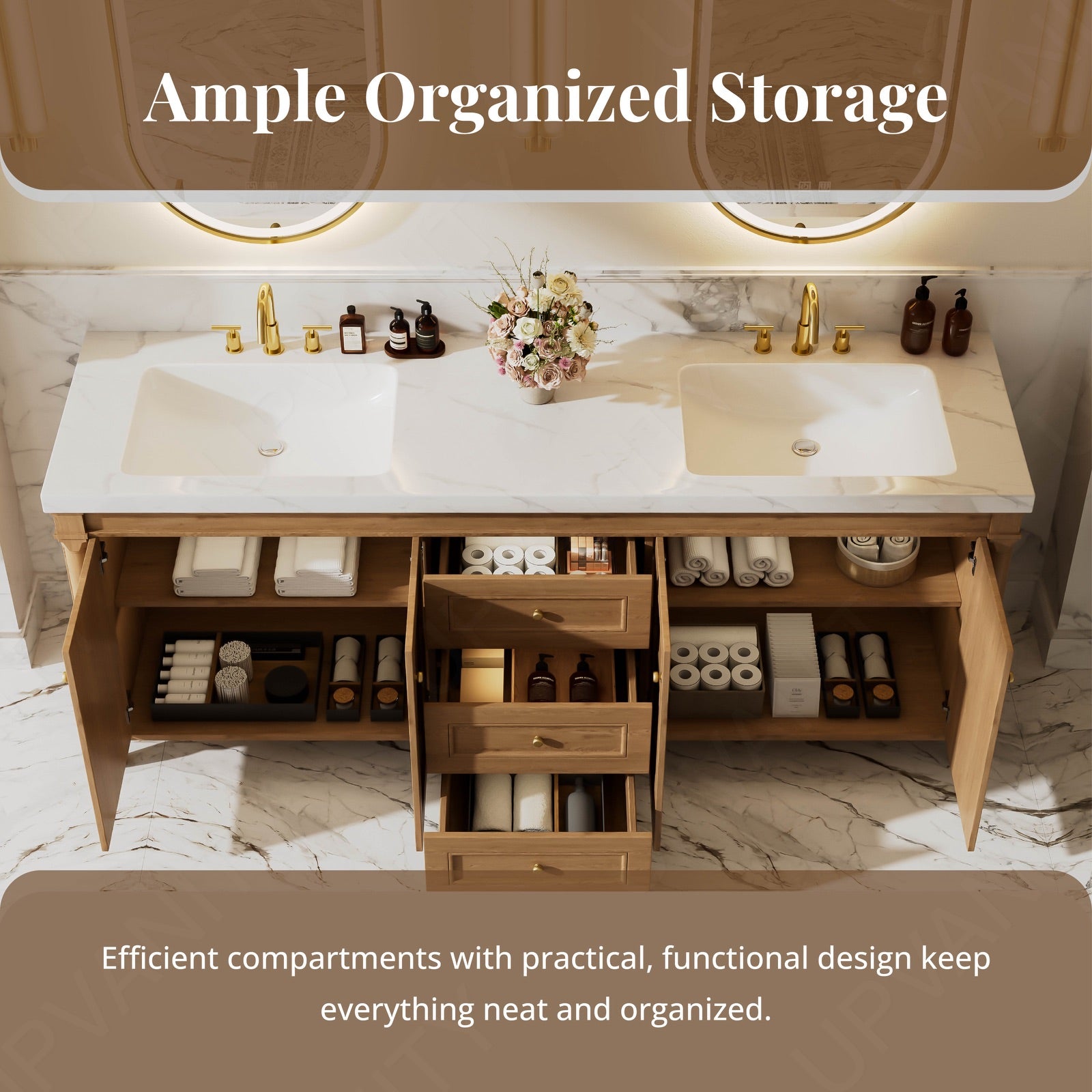 Elegant Bath Vanity Set, Brown, White Slate Top, 72"-104", Double, Freestanding, Gold Accents, Dual Smart LED Mirror
