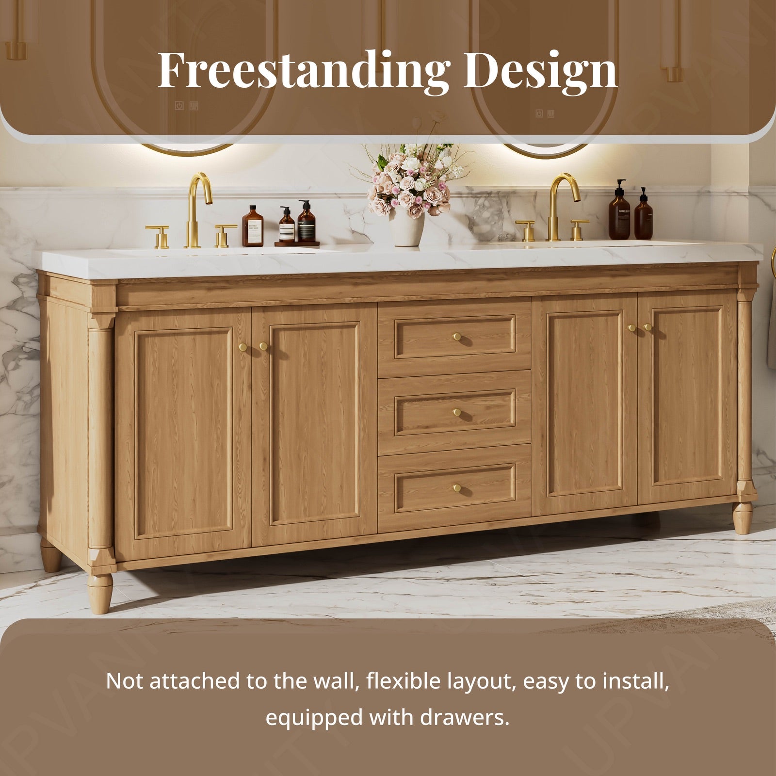 Elegant Bath Vanity Set, Brown, White Slate Top, 72"-104", Double, Freestanding, Gold Accents, Dual Smart LED Mirror