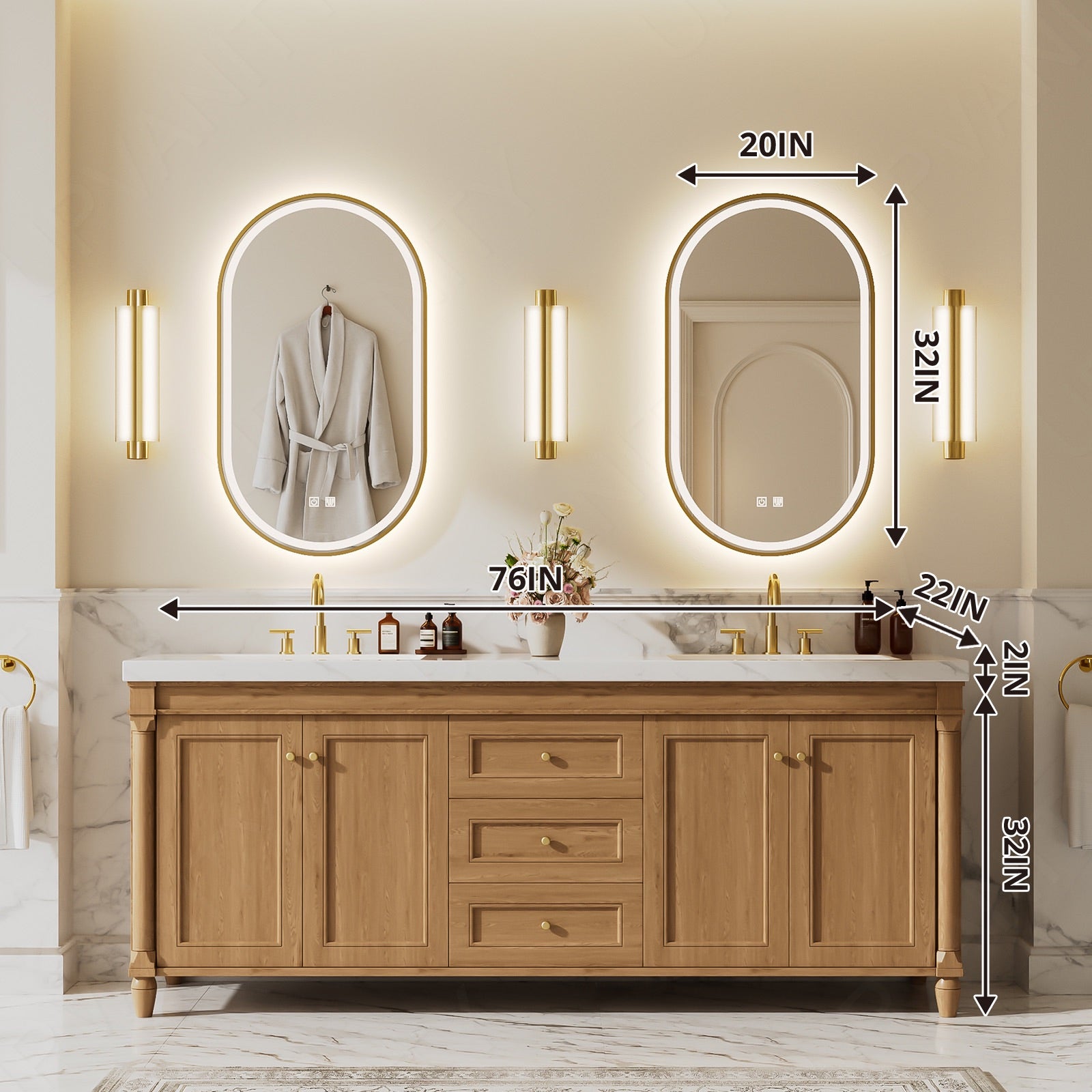 Elegant Bath Vanity Set, Brown, White Slate Top, 72"-104", Double, Freestanding, Gold Accents, Dual Smart LED Mirror