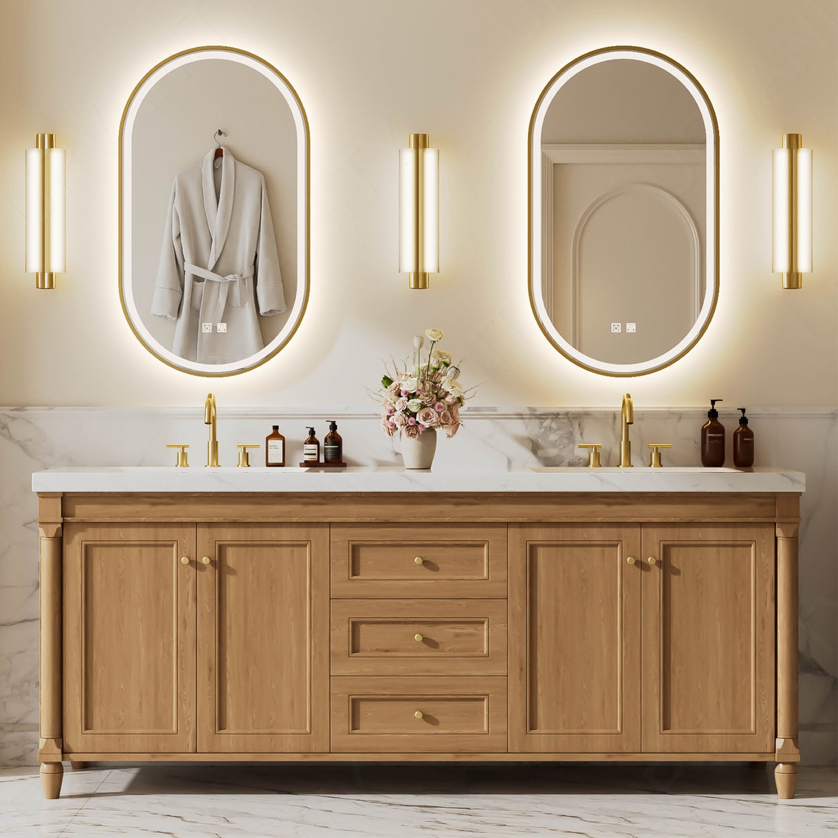 Elegant Bath Vanity Set, Brown, White Slate Top, 72"-104", Double, Freestanding, Gold Accents, Dual Smart LED Mirror