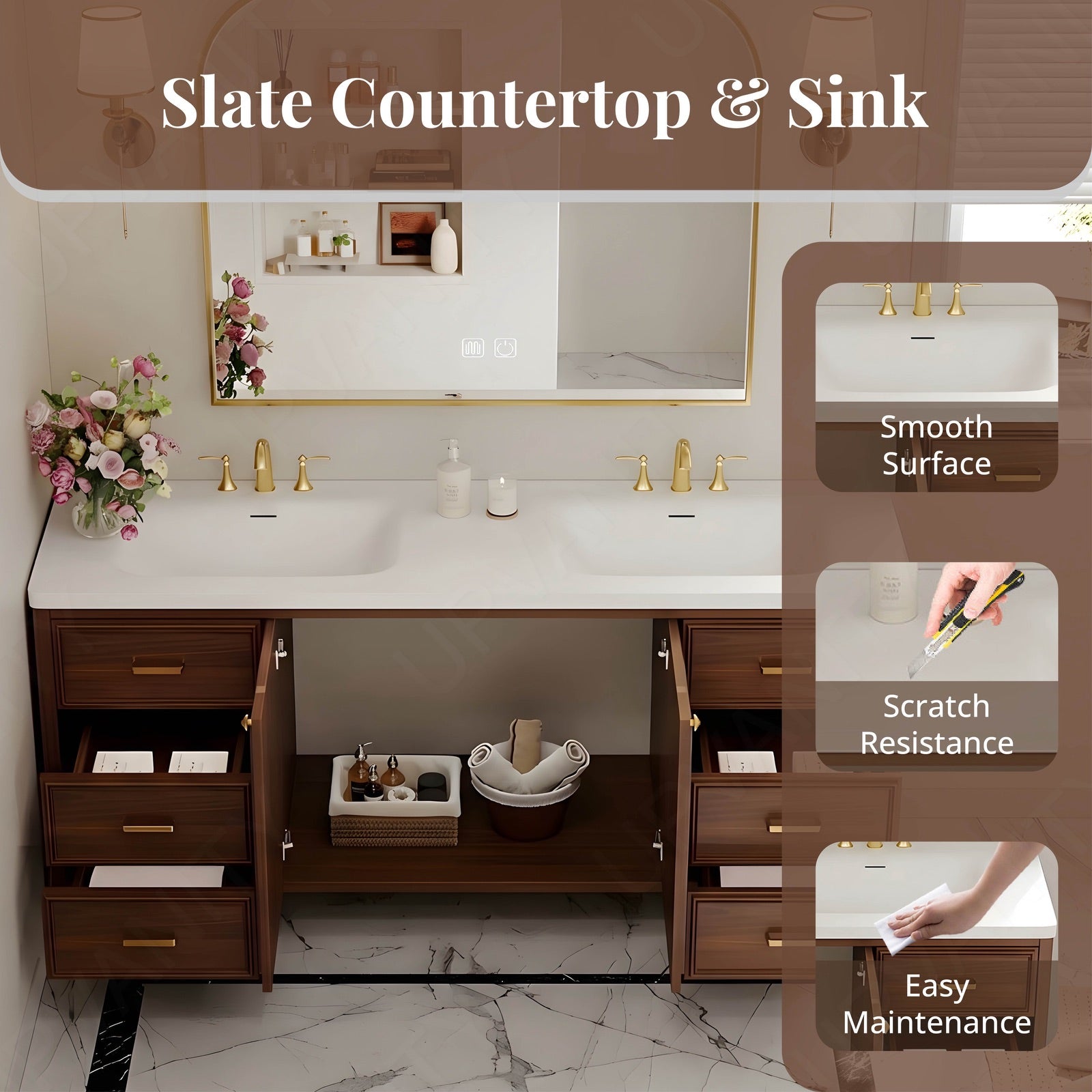 Elegant Bath Vanity Set, Brown, White Slate Top, Gold Accents, 52"-78", Double, Freestanding, Smart LED Mirror
