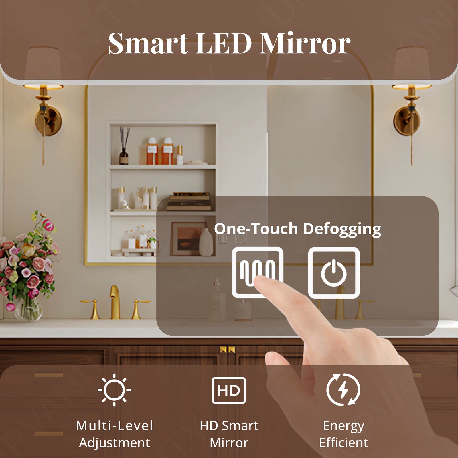 Elegant Bath Vanity Set, Brown, White Slate Top, Gold Accents, 52"-78", Double, Freestanding, Smart LED Mirror
