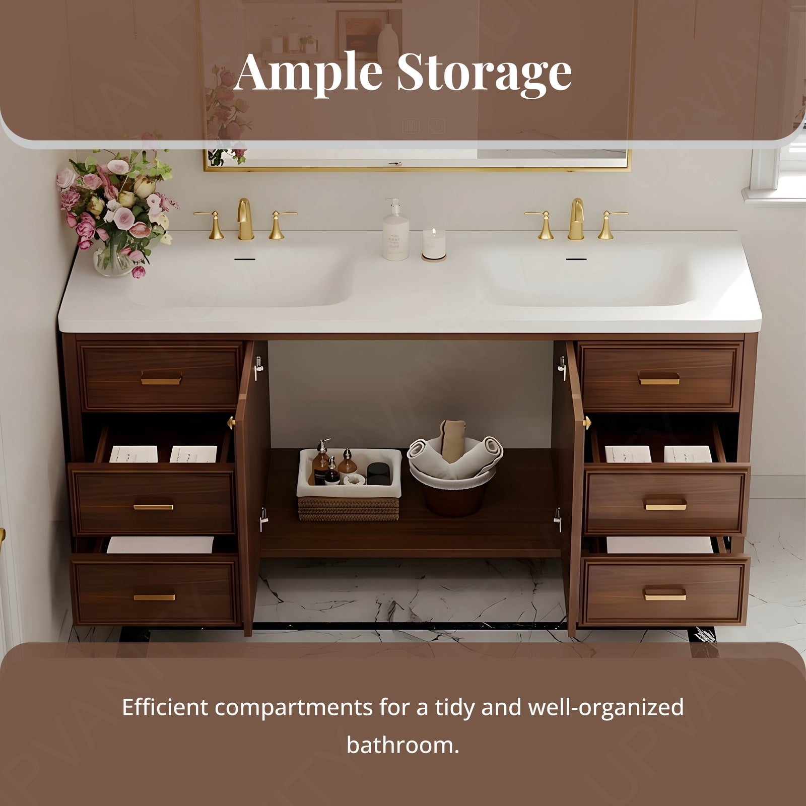 Elegant Bath Vanity Set, Brown, White Slate Top, Gold Accents, 52"-78", Double, Freestanding, Smart LED Mirror