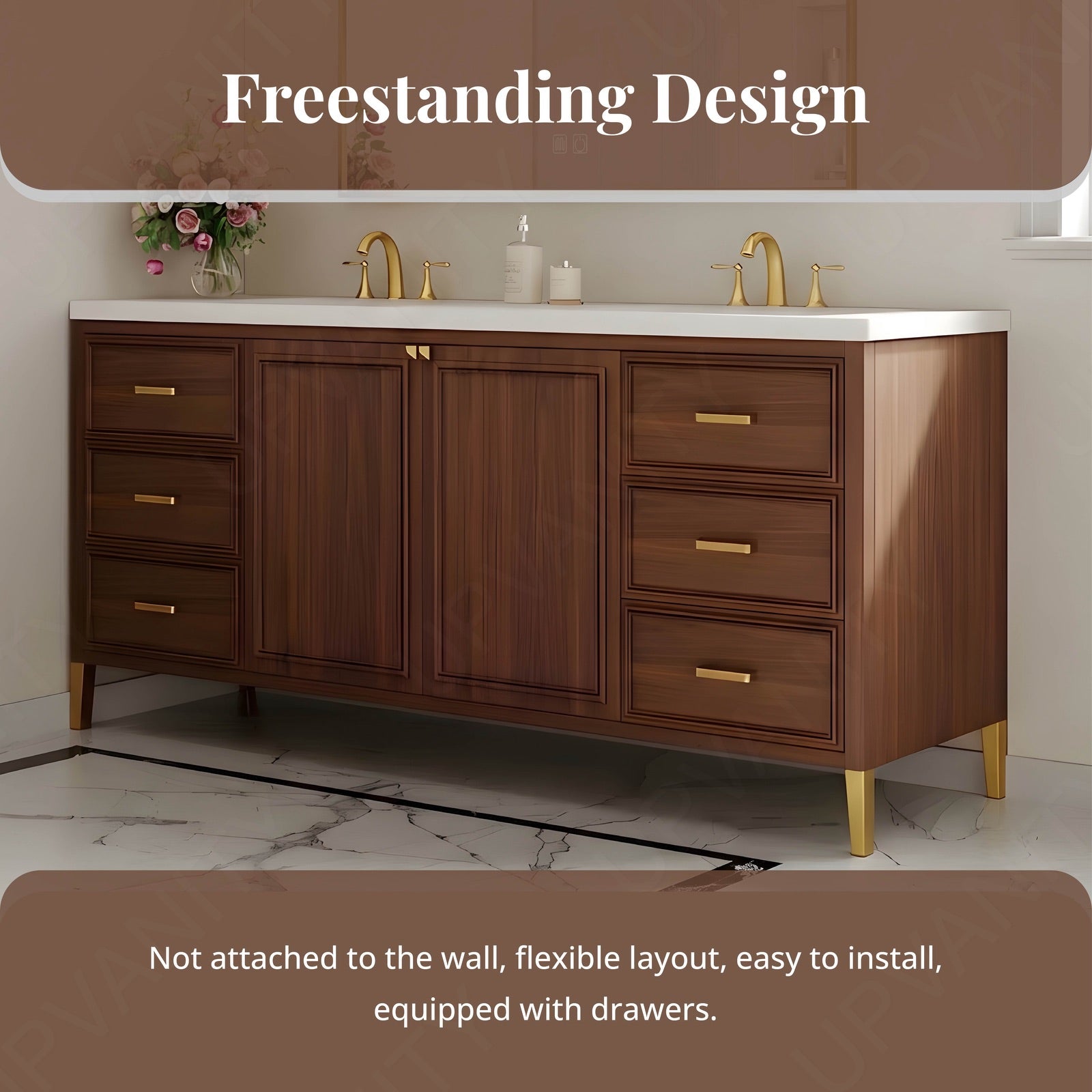 Elegant Bath Vanity Set, Brown, White Slate Top, Gold Accents, 52"-78", Double, Freestanding, Smart LED Mirror