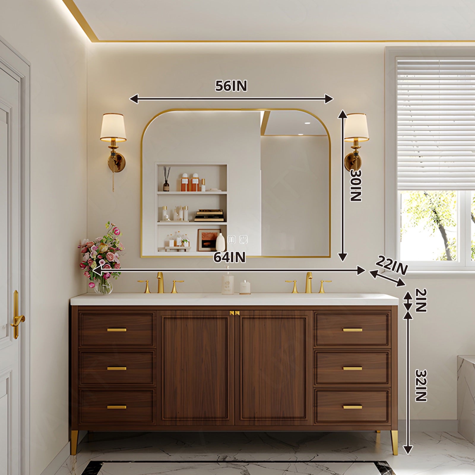 Elegant Bath Vanity Set, Brown, White Slate Top, Gold Accents, 52"-78", Double, Freestanding, Smart LED Mirror