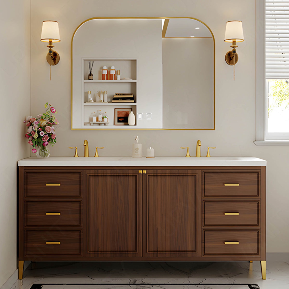 Elegant Bath Vanity Set, Brown, White Slate Top, Gold Accents, 52"-78", Double, Freestanding, Smart LED Mirror