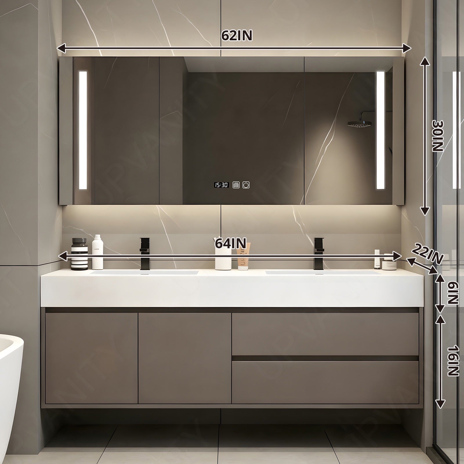 Elegant Bath Vanity Set, Brown, White Slate Top, Hidden Storage, 36"- 78", Double, Floating, Smart LED Mirror, Rear Cabinet
