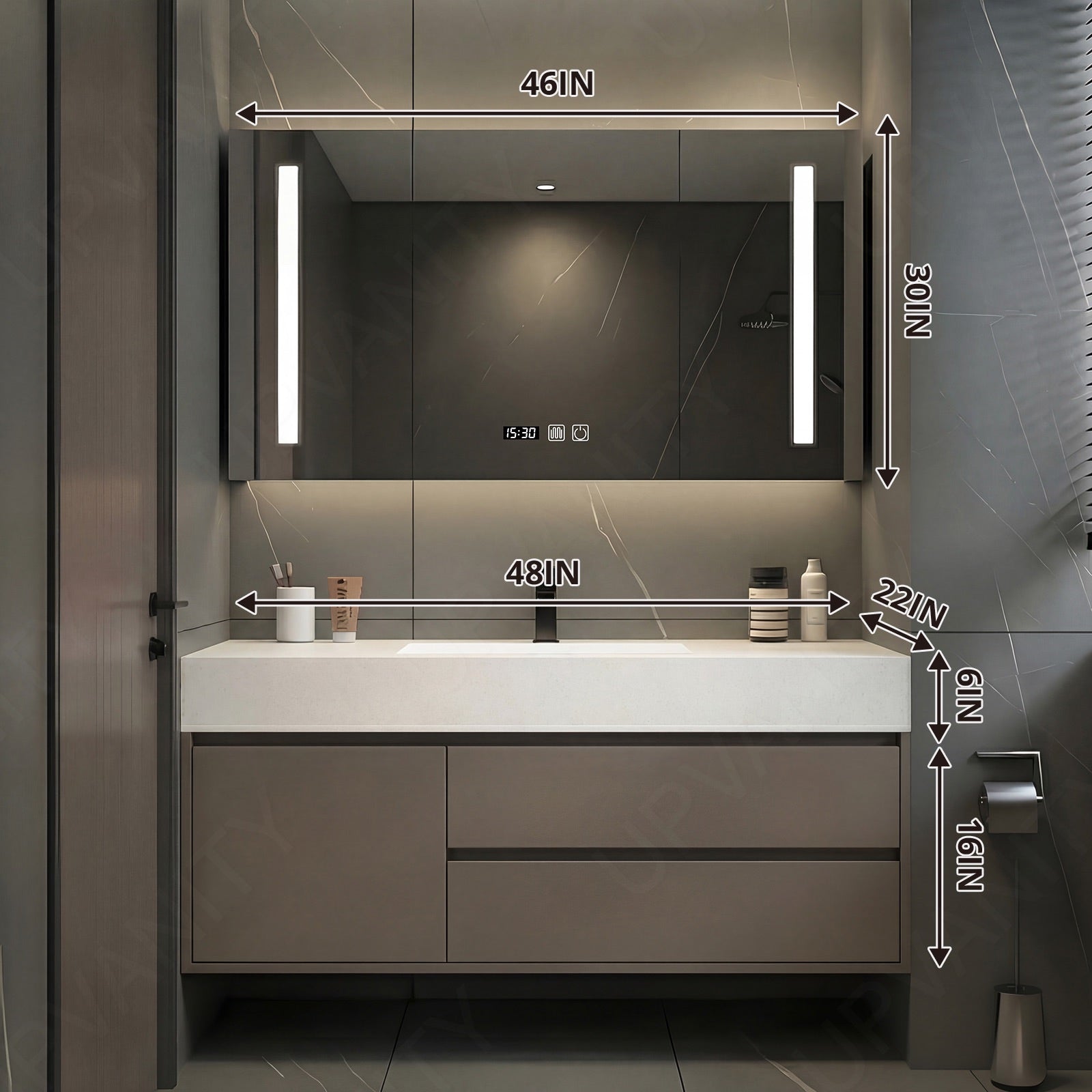 Elegant Bath Vanity Set, Brown, White Slate Top, Hidden Storage, 36"- 78", Double, Floating, Smart LED Mirror, Rear Cabinet