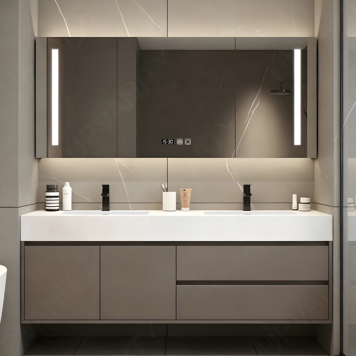 Elegant Bath Vanity Set, Brown, White Slate Top, Hidden Storage, 36"- 78", Double, Floating, Smart LED Mirror, Rear Cabinet