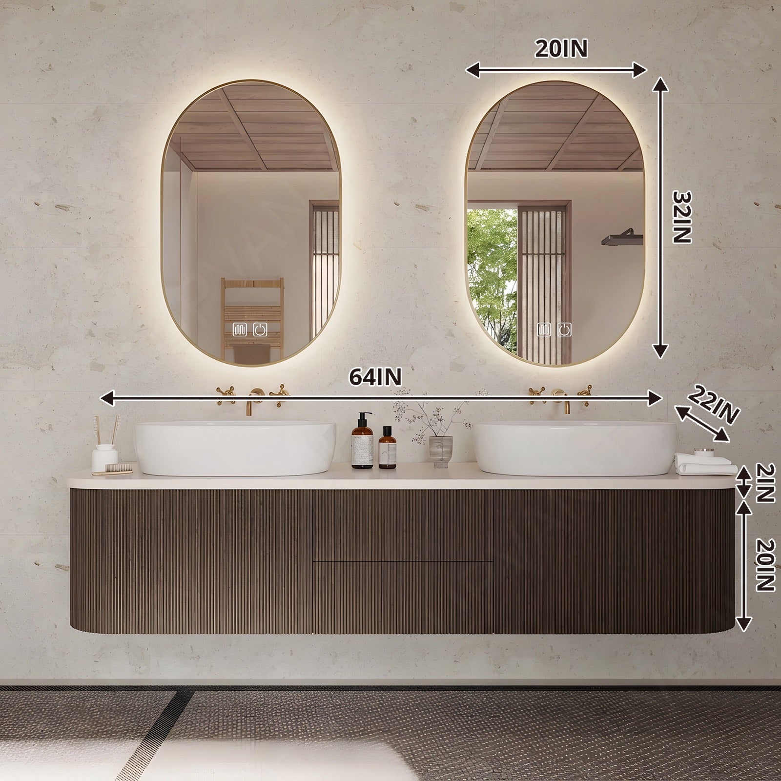 Elegant Bath Vanity Set, Dark Walnut, Striped Panel, 56"-64", Double Vessel Sink, Floating, Dual Oval Smart LED Mirror