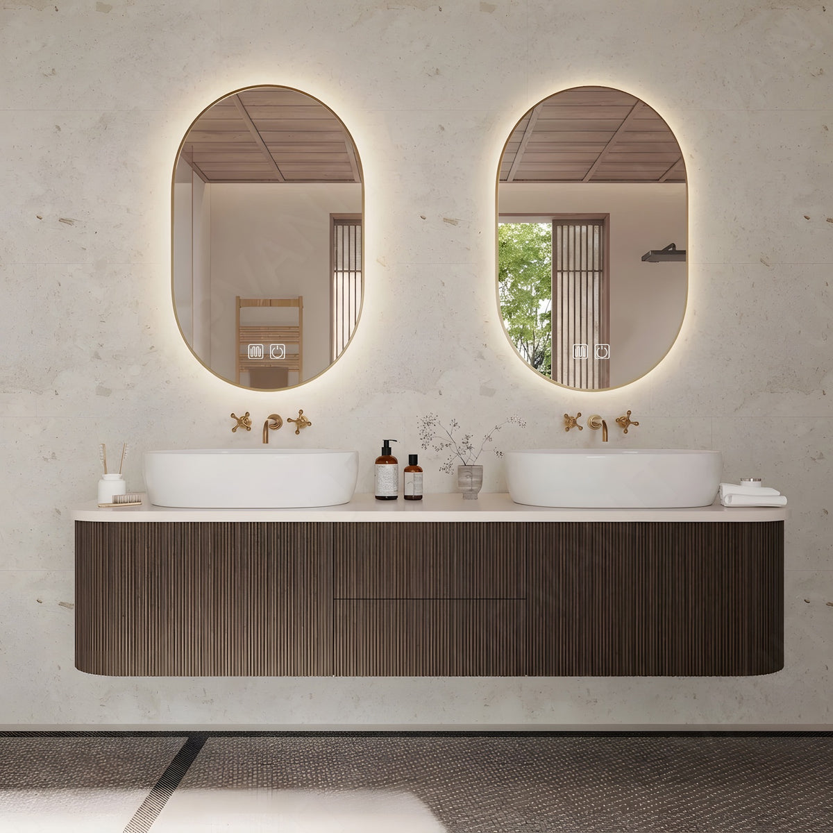 Elegant Bath Vanity Set, Dark Walnut, Striped Panel, 56"-64", Double Vessel Sink, Floating, Dual Oval Smart LED Mirror