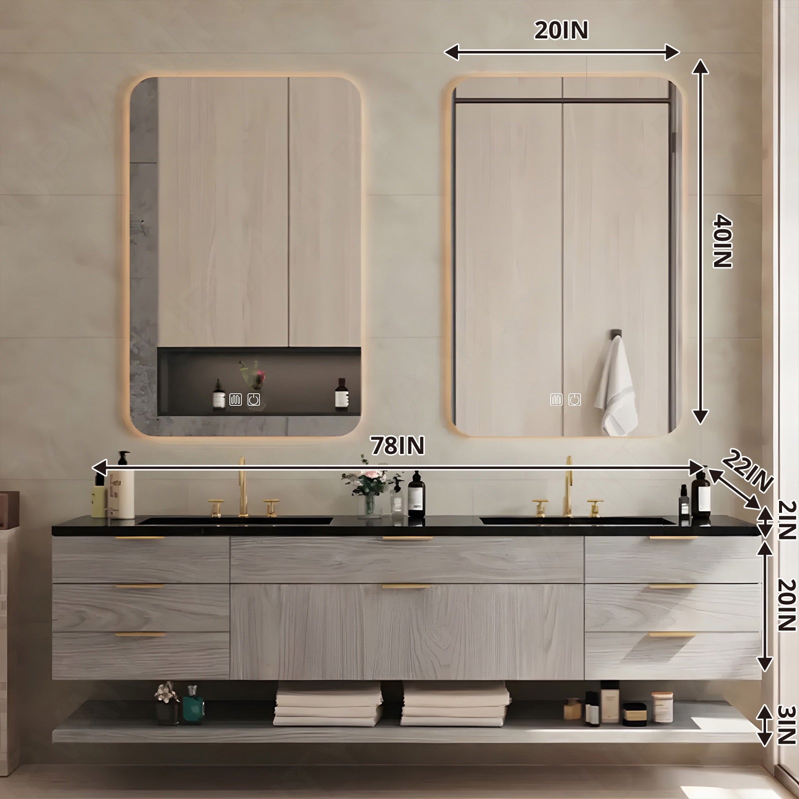 Elegant Bath Vanity Set, Gray, Black Slate Top, 52"-78", Double, Floating, Gold Accents, Dual Smart LED Mirror