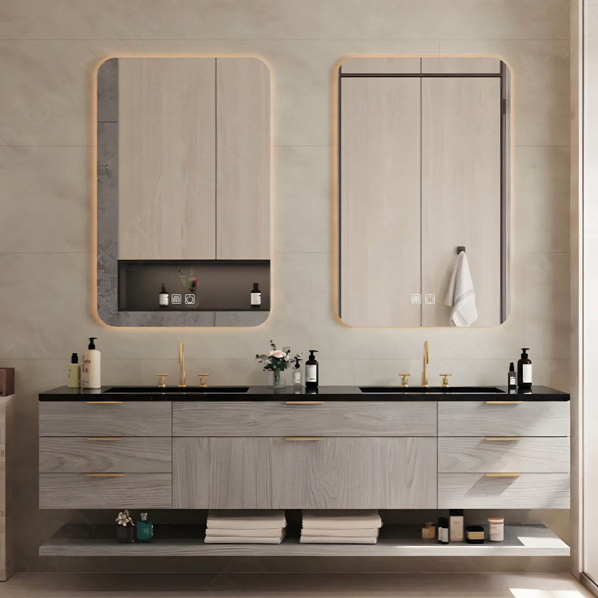Elegant Bath Vanity Set, Gray, Black Slate Top, 52"-78", Double, Floating, Gold Accents, Dual Smart LED Mirror