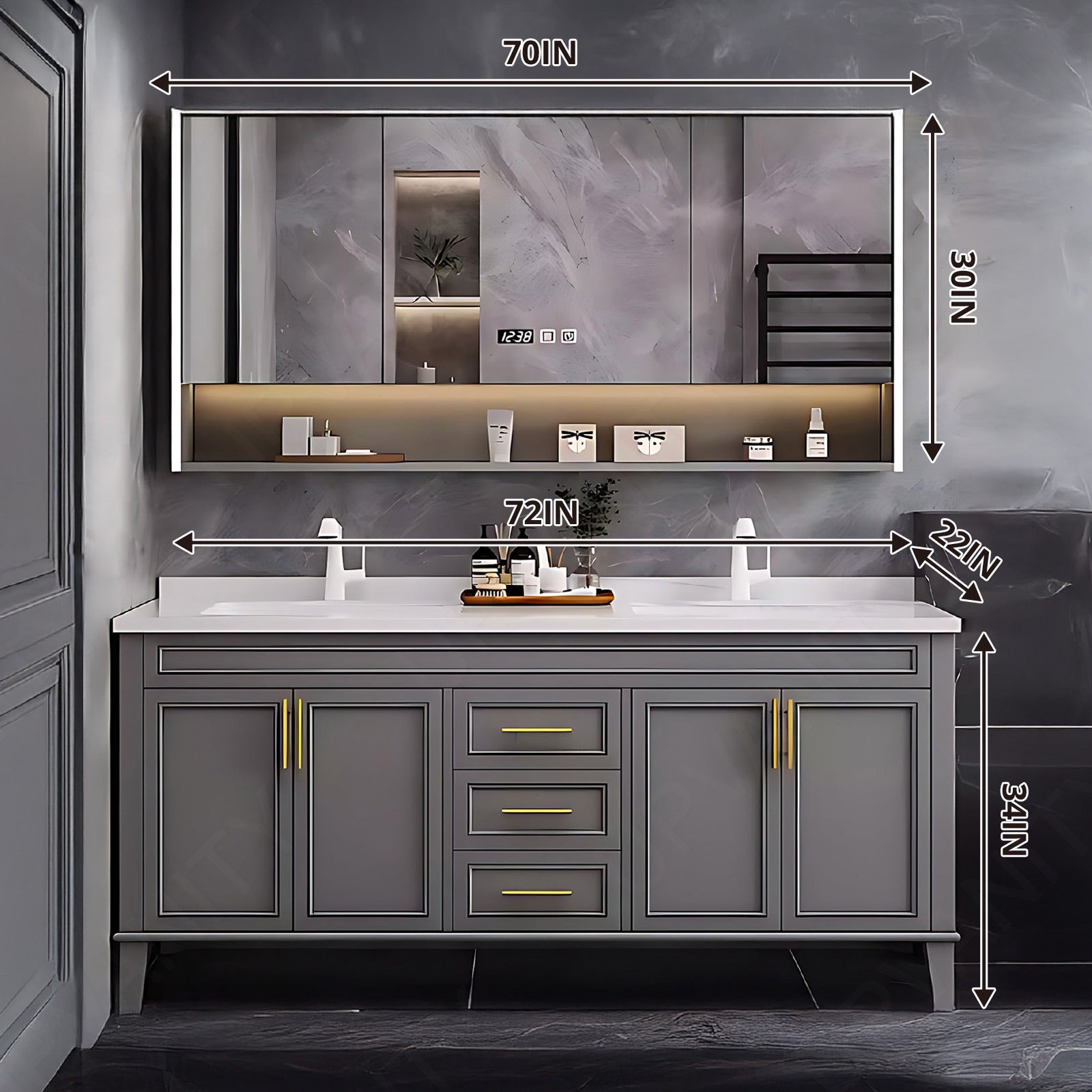 Elegant Bath Vanity Set, Gray, Gold Accents, 52"- 78", Double, Freestanding, Smart LED Mirror, Rear Cabinet