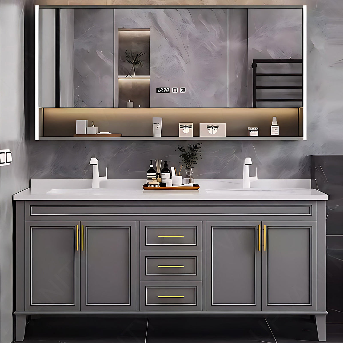 Elegant Bath Vanity Set, Gray, Gold Accents, 52"- 78", Double, Freestanding, Smart LED Mirror, Rear Cabinet